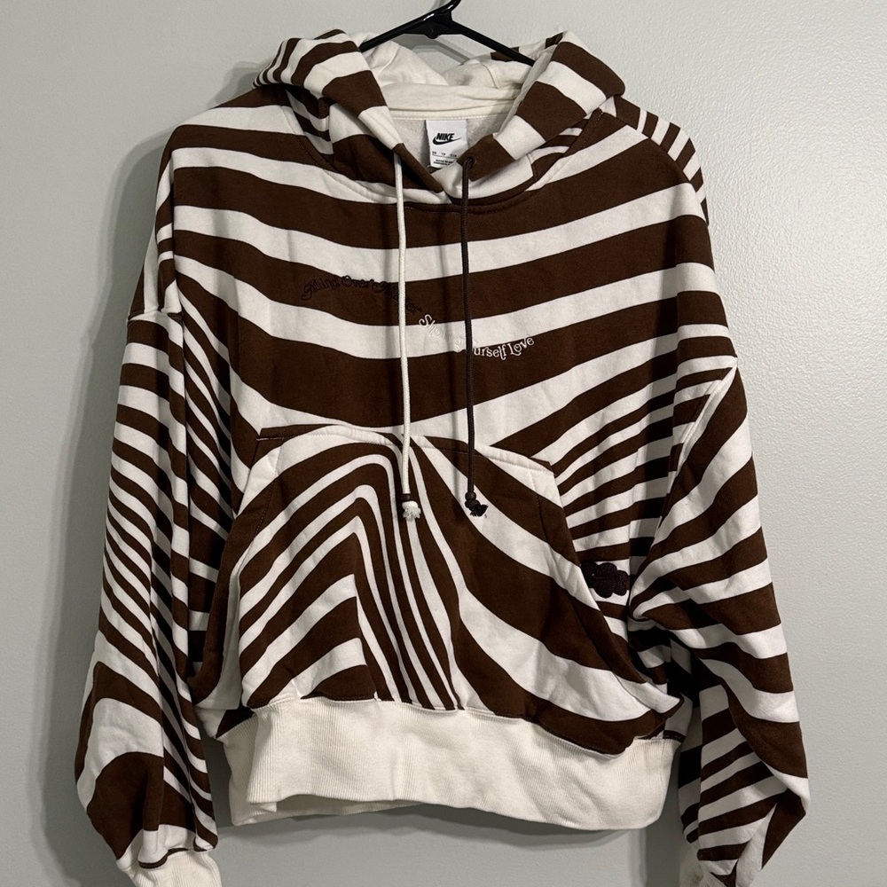 Nike Brown and White Striped Hoodie